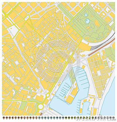 Barcelona city map with pin pointers and infrastructure icons Stock Photo