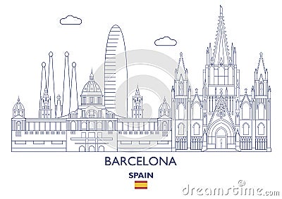 Barcelona City Skyline, Spain Vector Illustration