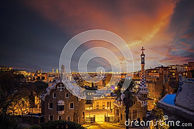 Barcelona city at sunrise viewed from park Guell Editorial Stock Photo