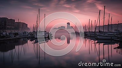Barcelona harbor at dawn, marina with city behind, calm water, pink feather clouds, AI generative Stock Photo