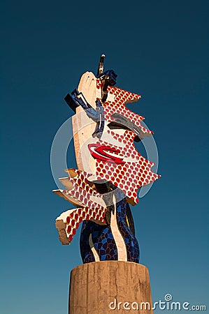 Barcelona Head Sculpture in Barcelona Harbor at summer and blue sky Editorial Stock Photo