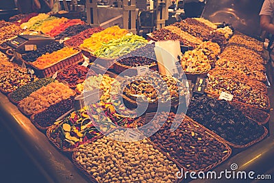 Barcelona, La Boqueria A covered market for fish, meat, vegetables, fruits and foods of all kinds Editorial Stock Photo