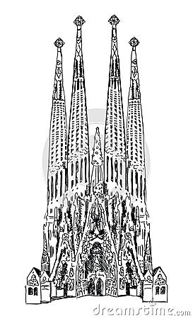 Barcelona label Sagrada Familia isolated on white background Cartoon Illustration