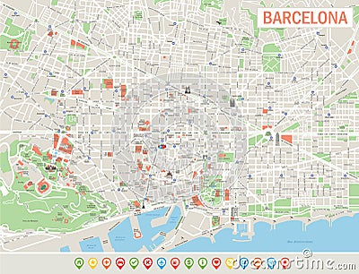 Barcelona Map and Navigation Icons. Vector Illustration