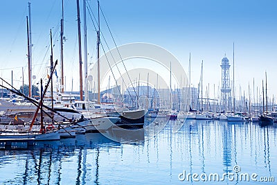 Barcelona marina port with teleferic tower Stock Photo