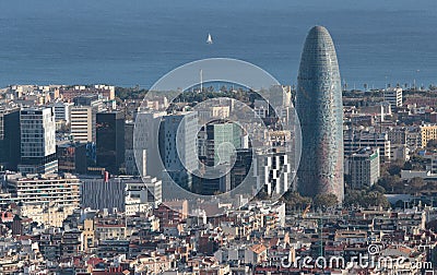 Barcelona north seaside skyline with Agbar Tower rounded skyscrapper on main term Editorial Stock Photo