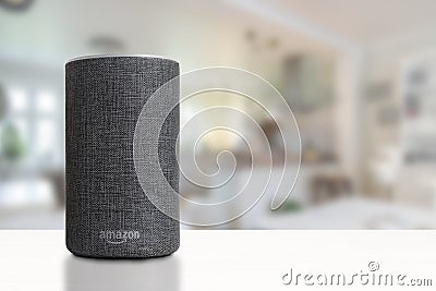 BARCELONA - OCTOBER 2018: Amazon Echo Smart Home Alexa Voice Service in a living room Editorial Stock Photo