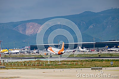 BARCELONA, OCTOBER 2017: Plane taking off in Barcelona airport Editorial Stock Photo