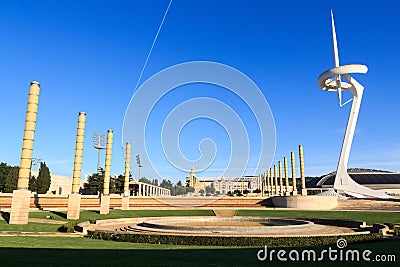 Barcelona Olympic Stadium, olympic park, Placa d Europa and Montjuic Communications Tower Editorial Stock Photo