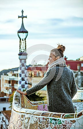 Woman at Guell Park in Barcelona, Spain looking into distance Editorial Stock Photo