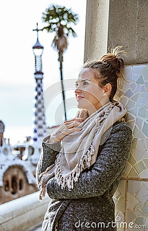 Stylish woman standing in Barcelona, Spain in winter Editorial Stock Photo