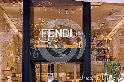 Barcelona, Spain-April 29, 2023.Fendi, Italian luxury fashion house producing leather goods, ready-to-wear, leather goods. Logo on Editorial Stock Photo