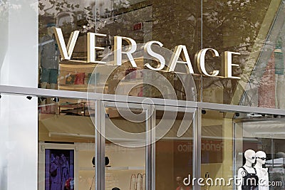 Barcelona, Spain - 10 August 2023: Versace Store Logo in Barcelona Editorial Stock Photo