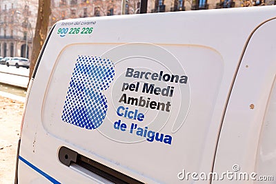 Logo of Barcelona pel Medi Ambienti, meaning Barcelona for the environment in Catalan, municipal car of water circle services Editorial Stock Photo