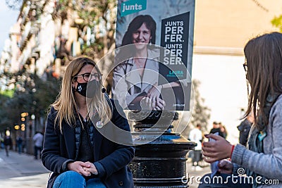 Barcelona, Spain - 6 february 2021: Junts per Catalunya catalan president Elsa Artadi campaigning during the catalan election Editorial Stock Photo