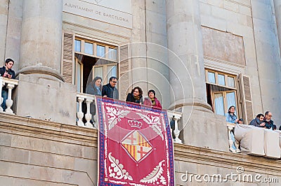 Barcelona, Spain. 11 february 2018: mayor of barcelona ada colau standing on balcony outside barcelona city hall Editorial Stock Photo