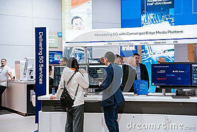 Barcelona , Spain - February 28 2023: Mobile world congress 2023 in Barcelona. Booth or stand of Intel Corporation Editorial Stock Photo