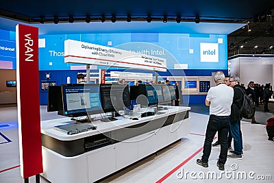 Barcelona , Spain - February 28 2023: Mobile world congress 2023 in Barcelona. Booth or stand of Intel Corporation Editorial Stock Photo