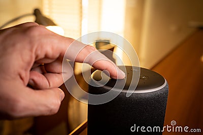 Barcelona, Spain. January 2019: Selective focus on Amazon Echo Plus smart Home device Editorial Stock Photo