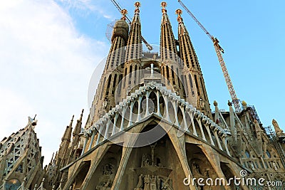 BARCELONA, SPAIN - JULY 12, 2018: The Basilica i Temple Expiatori de la Sagrada Familia. South facade of the Passion of Christ Editorial Stock Photo