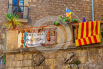 BARCELONA, SPAIN, JUNE 29, 2019: Banner demanding release of political prisoners in Barcelona, Spain Editorial Stock Photo