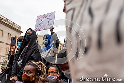 Barcelona, spain - 7 june 2020: Black lives matter crowd march demanding end of police brutality and racism against african- Editorial Stock Photo