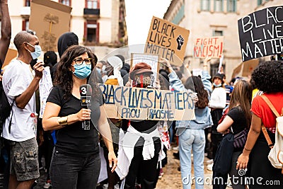 Barcelona, spain - 7 june 2020: Black lives matter crowd march demanding end of police brutality and racism against african- Editorial Stock Photo