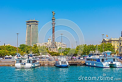 BARCELONA, SPAIN, JUNE 30, 2019: Mirador de Colom column in Barc Editorial Stock Photo