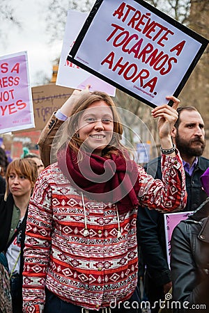 Barcelona, Spain - March 08, 2020: International Women`s day demonstration, center of Barcelona Editorial Stock Photo