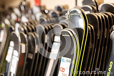 Barcelona, Spain - March 10, 2021: Sport goods store interior with large choice of skis Editorial Stock Photo