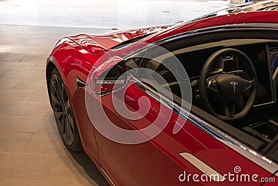 Barcelona, Spain -March 14, 2019: Tesla cars store with Tesla electric car model S inside Editorial Stock Photo