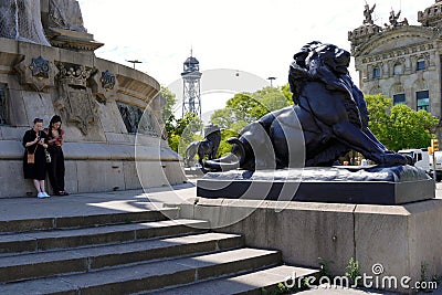 Imposing black cast iron lion statues at the base of the Christopher Columbus monument Editorial Stock Photo