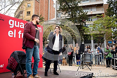 Barcelona, Spain - 07 may 2019: city mayor Ada Colau gives a press conference during re election campaign for party Editorial Stock Photo