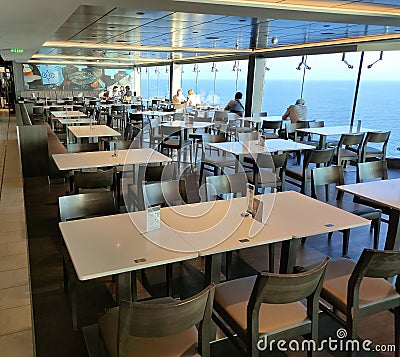 Barcelona, Spain - May 25, 2023: Interior of empty dining room buffet on board cruise ship or flagship of MSC Grandiosa Editorial Stock Photo