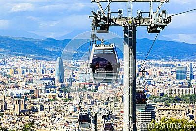 Montjuic funicular, panaramic view of Barcelona, Aerial view. Torre Agbar Editorial Stock Photo