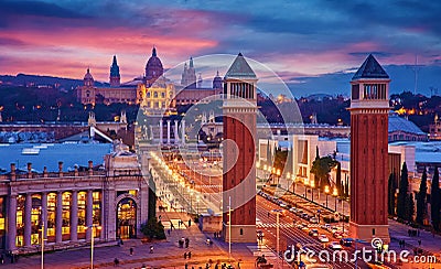 Barcelona, Spain. Nighttime top view at Spanish Square Stock Photo