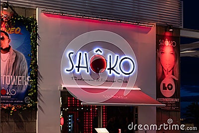Barcelona, Spain - Nov 15, 2019: Shoko famous asian restaurant and lounge club illuminated at night Editorial Stock Photo