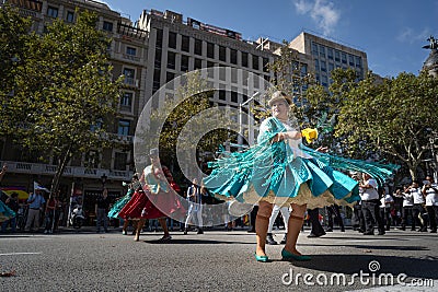 Barcelona, Spain. 12 Ocober 2019: Bolivian dancers during Dia de la Hispanidad in Barcelona. Editorial Stock Photo