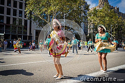 Barcelona, Spain. 12 Ocober 2019: Bolivian Salay dancers during Dia de la Hispanidad in Barcelona. Editorial Stock Photo