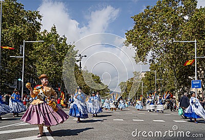 Barcelona, Spain. 12 October 2019: Bolivian Moreno dancers during Dia de la Hispanidad in Barcelona. Editorial Stock Photo