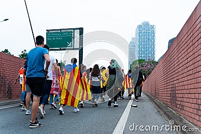 Barcelona, Spain - 14 october 2019: independentists block ronda litoral highway in protest against the prison sentence of catalan Editorial Stock Photo