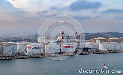 Barcelona, Spain -28. October 2022, oil tanks of the Russian oil company LUKOIL. Editorial Stock Photo