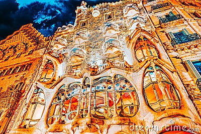 BARCELONA, SPAIN - SEPT 04, 2014: Night outdoor view Gaudi`s creation-house Casa Batlo. The building that is now Casa Batllo Editorial Stock Photo