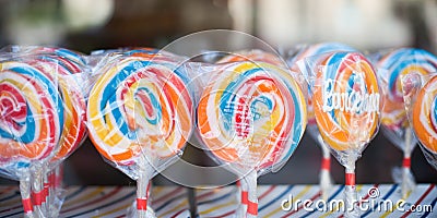 BARCELONA, SPAIN - 23 September: Great choice of colorful caramel on stick candy Editorial Stock Photo