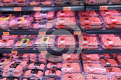 Barcelona, Spain - september 28th 2019: Meat in a supermarket Editorial Stock Photo