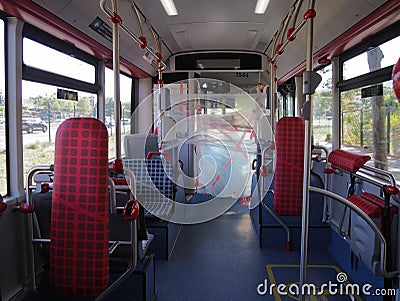 Inside an empty public bus, they put plastic for coronavirus protection Editorial Stock Photo