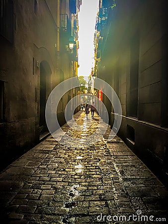 Barcelona street at twilight Editorial Stock Photo