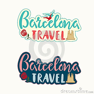 Barcelona travel lettering set with Cathedral silhouette, rose and birds tourist design style template, brochure, sticker, invitat Vector Illustration