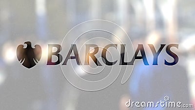 Barclays logo on a glass against blurred crowd on the steet. Editorial 3D rendering Editorial Stock Photo