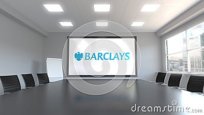 Barclays logo on the screen in a meeting room. Editorial 3D rendering Editorial Stock Photo